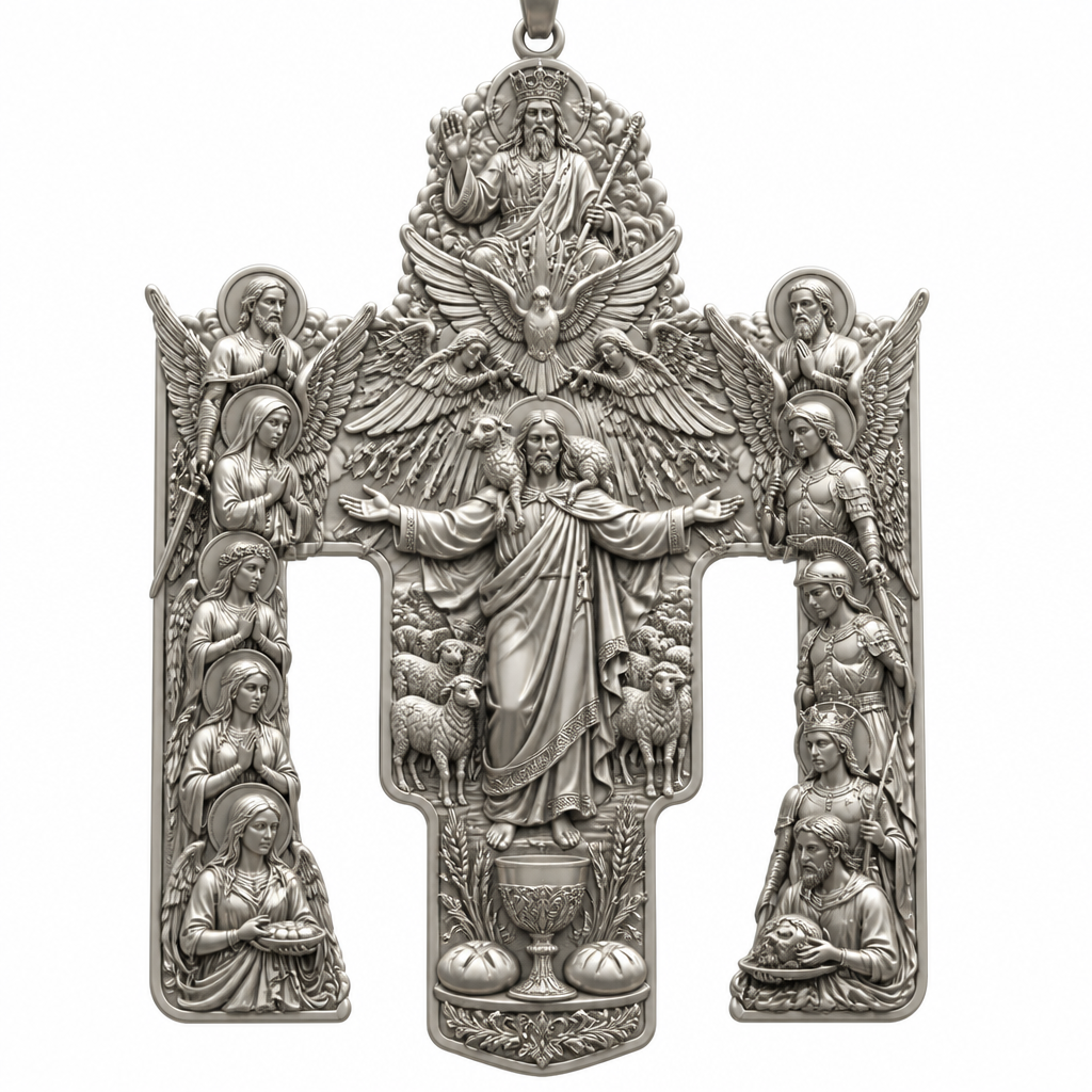 A sculptural women's pendant made of silver suitable for festival. An extraordinary excellent beautiful delicate and elegant, super modern Cross, without stones, without background only the Cross, with Jesus Christ as the Good Shepherd with a beautiful delicate and elegant face, with long hair, with a beautiful delicate elegant and fit body, with His hands wide open to receive all of us, with a beautiful delicate elegant and beautifully ornated tunic, with a beautiful delicate and elegant sheep on His shoulders, with a beautiful delicate and elegant flock of beautiful delicate and elegant sheep backward of Him. Over Jesus Christ and the flock to be placed the Holy Spirit as an Angel with a beautiful delicate and elegant face, with long hair, with big wings flying, with a beautiful delicate elegant and fit body, with a beautiful delicate elegant and beautifully ornated tunic under the Angel to be placed a beautiful delicate and elegant dove flying both of them the Angel and the dove to be surrounded by tongues of fire radiating light to Jesus Christ and the flock. Over the Holy Spirit to be placed God the Father with a beautiful delicate and elegant face, with long hair, with a beautiful delicate elegant and fit body, with a beautiful delicate and elegant tunic, with a beautiful delicate and elegant sceptre at His left hand blessing the world with His right hand, with a beautiful delicate elegant and beautifully ornated crown on His head. At the bottom of the Cross to be placed the Holy Communion with a beautiful delicate elegant and beautifully ornated chalice and two breads around the chalice. At the lower right side of the Cross to be stacked one by one Saint John the Baptist with a beautiful delicate elegant and beautifully ornated platter with his head on it. Over Saint John the Baptist to be placed Saint Constantine with a beautiful delicate and elegant face, with long hair, with a beautiful delicate and elegant crown on his head, with a beautiful delicate elegant and fit body, with a beautiful delicate and elegant armour holding a beautiful delicate elegant and beautifully ornated Cross. Over Saint Constantine to be placed Saint George with a beautiful delicate and elegant face, with long hair, with a beautiful delicate elegant and beautifully ornated helmet with a beautiful delicate elegant and fit body, with a beautiful delicate elegant and beautifully ornated armour, holding a beautiful delicate and elegant sword with his right hand at low position and near the floor giving respect to the Holy Trinity and Praying. Over Saint George to be placed Saint Peter the Apostle Praying. At the left lower side of the Cross to be placed stacked Saint Paraskevi with a beautiful delicate and elegant face, with long hair, with a beautiful delicate elegant and beautifully curved body, with a beautiful delicate elegant and beautifully ornated tunic holding a bowl with two eyes in it. Over Saint Paraskevi to be placed Saint Irene with a beautiful delicate and elegant face, with long hair, with a beautiful delicate elegant and beautifully ornated wreath on her head, with a beautiful delicate elegant and beautifully curved body, with a beautiful delicate elegant and beautifully ornated tunic Praying. Over Saint Irene to be placed Virgo Maria with a beautiful delicate and elegant face, with beautifully ornated long hair, with a beautiful delicate elegant and beautifully curved body, with a beautiful delicate elegant and beautifully ornated tunic Praying. Over Virgo Maria to be placed Saint Paul the Apostle Praying. At the right side of the Cross to be placed Saint Michael the Archangel with a beautiful delicate and elegant face, with long hair, with a beautiful delicate elegant and beautifully ornated helmet, with a beautiful delicate elegant and fit body, with big wings flying, with a beautiful delicate elegant and beautifully ornated armour, holding His beautiful delicate elegant and beautifully ornated sword low to the ground giving respect to the Holy Trinity and Praying. In front of Saint Michael the Archangel to be placed Saint Gabriel the Archangel with a beautiful delicate and elegant face, with long hair, with a beautiful delicate elegant and beautifully ornated helmet on His head, with a beautiful delicate elegant and fit body, with big wings flying, with a beautiful delicate elegant and beautifully ornated armour, holding a beautiful delicate elegant and beautifully ornated bucket of lilyes and Praying. At the left side of the Cross to be placed Saint Rafael the Archangel with a beautiful delicate and elegant face, with long hair, with a beautiful delicate elegant and beautifully ornated helmet, with a beautiful delicate elegant and fit body, with big wings flying, with a beautiful delicate elegant and beautifully ornated armour, holding a beautiful delicate elegant and beautifully ornated sword with his right hand low giving respect to the Holy Trinity and Praying. In front of Saint Rafael the Archangel to be placed the Guardian Angel with a beautiful delicate and elegant face, with long hair, with a beautiful delicate elegant and beautifully ornated with flowers wreath on His head, with a beautiful delicate elegant and fit body, with a beautiful delicate elegant and beautifully ornated tunic Praying. Make all the Angels, the Saints, God the Father, the Holy Spirit and Jesus Christ and the flock as statues.
photorealistic jewelry design, A sculptural women's pendant made of silver suitable for festival. An extraordinary excellent beautiful delicate and elegant, super modern Cross, without stones, without background only the Cross, with Jesus Christ as the Good Shepherd with a beautiful delicate and elegant face, with long hair, with a beautiful delicate elegant and fit body, with His hands wide open to receive all of us, with a beautiful delicate elegant and beautifully ornated tunic, with a beautiful delicate and elegant sheep on His shoulders, with a beautiful delicate and elegant flock of beautiful delicate and elegant sheep backward of Him. Over Jesus Christ and the flock to be placed the Holy Spirit as an Angel with a beautiful delicate and elegant face, with long hair, with big wings flying, with a beautiful delicate elegant and fit body, with a beautiful delicate elegant and beautifully ornated tunic under the Angel to be placed a beautiful delicate and elegant dove flying both of them the Angel and the dove to be surrounded by tongues of fire radiating light to Jesus Christ and the flock. Over the Holy Spirit to be placed God the Father with a beautiful delicate and elegant face, with long hair, with a beautiful delicate elegant and fit body, with a beautiful delicate and elegant tunic, with a beautiful delicate and elegant sceptre at His left hand blessing the world with His right hand, with a beautiful delicate elegant and beautifully ornated crown on His head. At the bottom of the Cross to be placed the Holy Communion with a beautiful delicate elegant and beautifully ornated chalice and two breads around the chalice. At the lower right side of the Cross to be stacked one by one Saint John the Baptist with a beautiful delicate elegant and beautifully ornated platter with his head on it. Over Saint John the Baptist to be placed Saint Constantine with a beautiful delicate and elegant face, with long hair, with a beautiful delicate and elegant crown on his head, with a beautiful delicate elegant and fit body, with a beautiful delicate and elegant armour holding a beautiful delicate elegant and beautifully ornated Cross. Over Saint Constantine to be placed Saint George with a beautiful delicate and elegant face, with long hair, with a beautiful delicate elegant and beautifully ornated helmet with a beautiful delicate elegant and fit body, with a beautiful delicate elegant and beautifully ornated armour, holding a beautiful delicate and elegant sword with his right hand at low position and near the floor giving respect to the Holy Trinity and Praying. Over Saint George to be placed Saint Peter the Apostle Praying. At the left lower side of the Cross to be placed stacked Saint Paraskevi with a beautiful delicate and elegant face, with long hair, with a beautiful delicate elegant and beautifully curved body, with a beautiful delicate elegant and beautifully ornated tunic holding a bowl with two eyes in it. Over Saint Paraskevi to be placed Saint Irene with a beautiful delicate and elegant face, with long hair, with a beautiful delicate elegant and beautifully ornated wreath on her head, with a beautiful delicate elegant and beautifully curved body, with a beautiful delicate elegant and beautifully ornated tunic Praying. Over Saint Irene to be placed Virgo Maria with a beautiful delicate and elegant face, with beautifully ornated long hair, with a beautiful delicate elegant and beautifully curved body, with a beautiful delicate elegant and beautifully ornated tunic Praying. Over Virgo Maria to be placed Saint Paul the Apostle Praying. At the right side of the Cross to be placed Saint Michael the Archangel with a beautiful delicate and elegant face, with long hair, with a beautiful delicate elegant and beautifully ornated helmet, with a beautiful delicate elegant and fit body, with big wings flying, with a beautiful delicate elegant and beautifully ornated armour, holding His beautiful delicate elegant and beautifully ornated sword low to the ground giving respect to the Holy Trinity and Praying. In front of Saint Michael the Archangel to be placed Saint Gabriel the Archangel with a beautiful delicate and elegant face, with long hair, with a beautiful delicate elegant and beautifully ornated helmet on His head, with a beautiful delicate elegant and fit body, with big wings flying, with a beautiful delicate elegant and beautifully ornated armour, holding a beautiful delicate elegant and beautifully ornated bucket of lilyes and Praying. At the left side of the Cross to be placed Saint Rafael the Archangel with a beautiful delicate and elegant face, with long hair, with a beautiful delicate elegant and beautifully ornated helmet, with a beautiful delicate elegant and fit body, with big wings flying, with a beautiful delicate elegant and beautifully ornated armour, holding a beautiful delicate elegant and beautifully ornated sword with his right hand low giving respect to the Holy Trinity and Praying. In front of Saint Rafael the Archangel to be placed the Guardian Angel with a beautiful delicate and elegant face, with long hair, with a beautiful delicate elegant and beautifully ornated with flowers wreath on His head, with a beautiful delicate elegant and fit body, with a beautiful delicate elegant and beautifully ornated tunic Praying. Make all the Angels, the Saints, God the Father, the Holy Spirit and Jesus Christ and the flock as statues., sculptural style, just the design no text