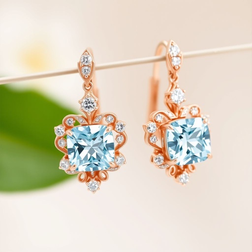 A rose gold aquamarine gemstone rose cut and diamond gemstones trillion, with VVS and M carat earrings