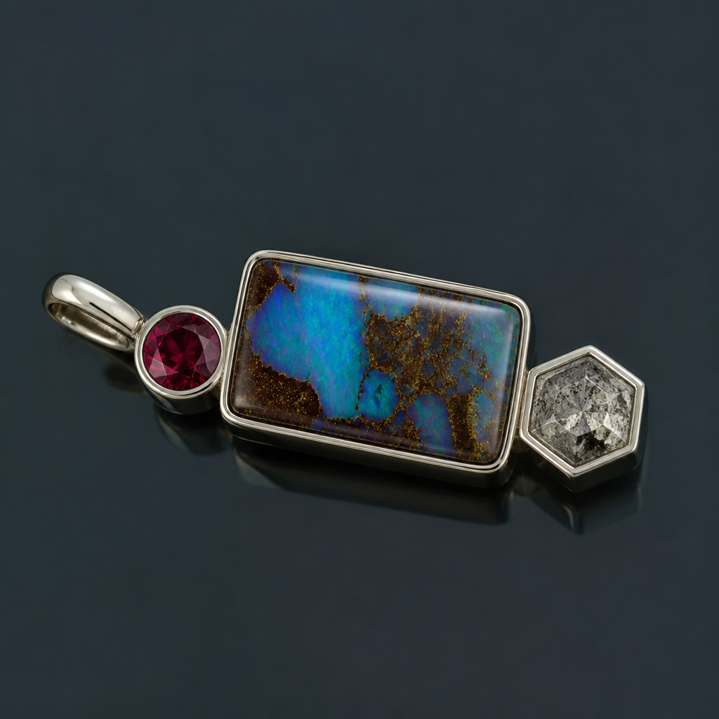 5mm round red beryl, 21x13mm rectangle boulder opal, 5mm hexagon salt and pepper diamond pendant sideways
photorealistic jewelry design, 5mm round red beryl, 21x13mm rectangle boulder opal, 5mm hexagon salt and pepper diamond pendant sideways , modern style, just the design no text