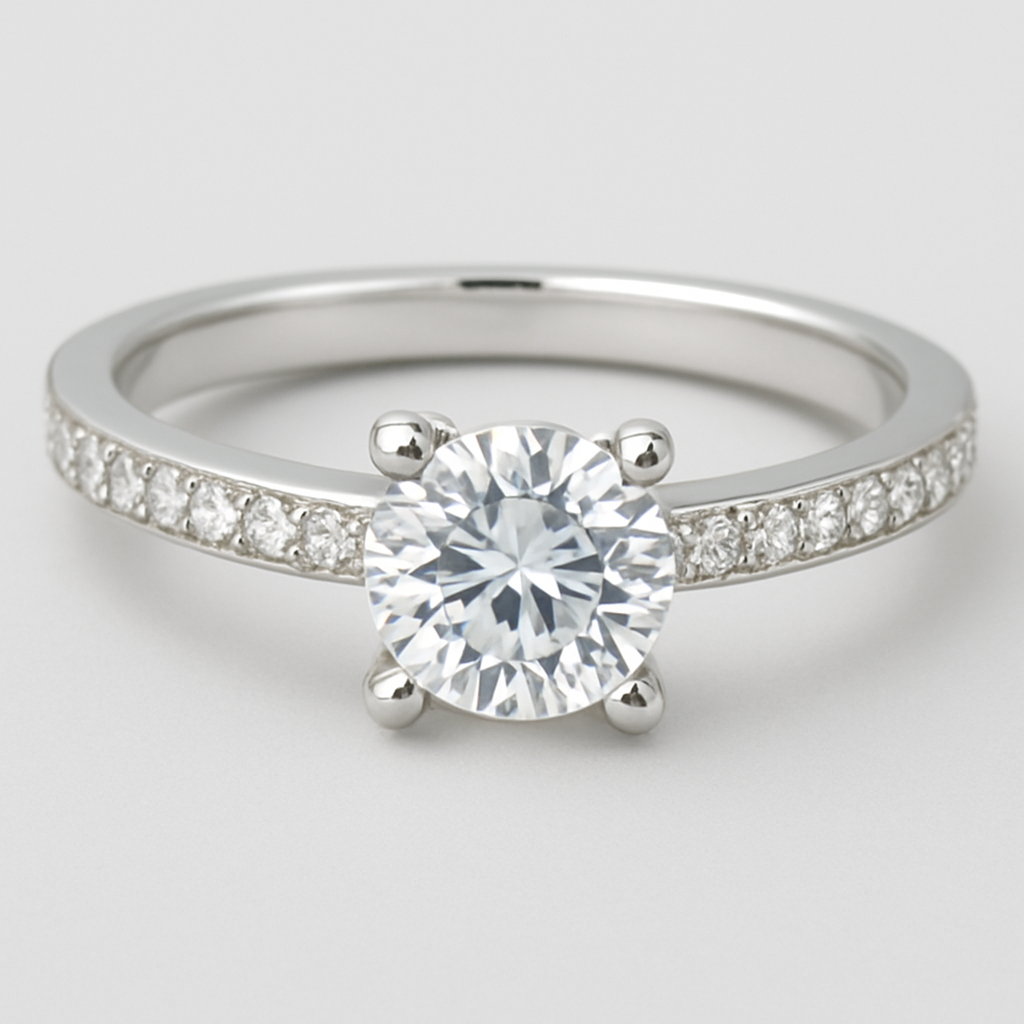 White gold pave t bar ring with 1 carat round stone 