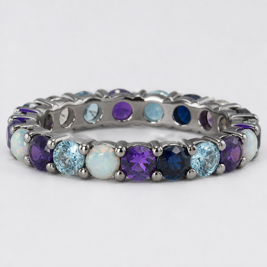 A eternity women's ring made of titanium with amethyst and aquamarine and opal and sapphire stones suitable for daily wear
photorealistic jewelry design, A eternity women's ring made of titanium with amethyst and aquamarine and opal and sapphire stones suitable for daily wear, eternity style, just the design no text