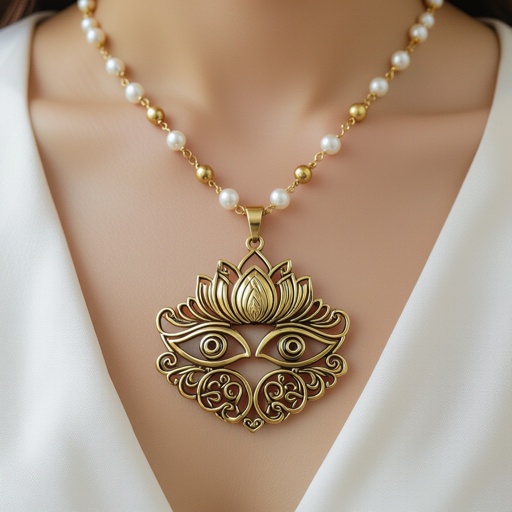 Кулон на длинной цепочке. Матовое светлое золото. В цепочке небольшие золотые шарики и жемчуг. Кулон в виде двух глаз над ними лотос узоры завитушки 