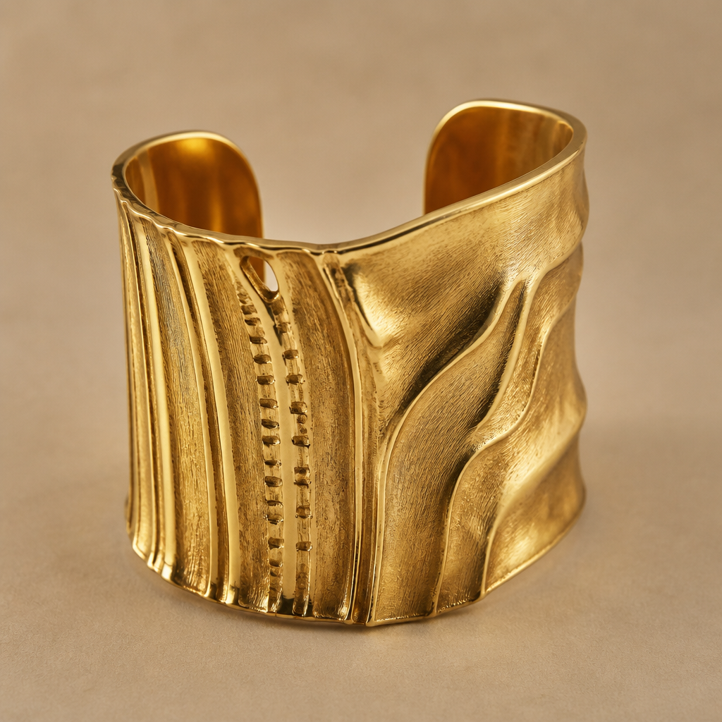 Design an original, manufacturable statement jewelry piece for OLFA, a contemporary Gulf jewelry brand built around ألفة — familiarity, affection, belonging, memory, and the luxury of being thought of.
Create a piece that feels like an old memory transformed into modern jewelry, not traditional costume jewelry.
Take subtle inspiration from Omani and wider Gulf visual culture — old carved wooden doors, Sadu geometry, desert wind patterns, dhow ropes and knots, frankincense forms, antique coins, traditional architecture, palm shadows, coffee rituals, the Arabian gazelle, vintage family jewelry, and objects passed between generations.
Do not copy these references literally. Abstract, distort, simplify, crop, layer, or hide them within the construction of the jewelry so the cultural reference is something the wearer discovers rather than immediately sees.
Aesthetic: vintage Gulf × 1970s European jewelry × contemporary sculptural design.
The piece should feel collected from another era but strangely modern: sophisticated, slightly imperfect, tactile, intimate, cool, and globally wearable.
Avoid generic Arabic calligraphy, obvious crescents, tourist-souvenir motifs, excessive gemstones, predictable floral jewelry, and overly symmetrical AI-looking designs.
Use 18k gold-plated stainless steel as the primary material. Explore sculptural metal, subtle relief, engraving, negative space, irregular geometry, contrasting polished and softly brushed surfaces, and small unexpected construction details.
Keep the silhouette strong and recognizable from a distance, while the close-up reveals hidden details and storytelling.
It must be realistic to manufacture, comfortable to wear, commercially desirable, and distinctive enough that someone could recognize it as OLFA without seeing the logo.
Show the final piece as a high-end photorealistic jewelry prototype, isolated on a warm neutral background, with realistic metal texture, reflections, tiny manufacturing imperfections, accurate proportions, macro-level detail, and soft editorial studio lighting.
photorealistic jewelry design, Design an original, manufacturable statement jewelry piece for OLFA, a contemporary Gulf jewelry brand built around ألفة — familiarity, affection, belonging, memory, and the luxury of being thought of.
Create a piece that feels like an old memory transformed into modern jewelry, not traditional costume jewelry.
Take subtle inspiration from Omani and wider Gulf visual culture — old carved wooden doors, Sadu geometry, desert wind patterns, dhow ropes and knots, frankincense forms, antique coins, traditional architecture, palm shadows, coffee rituals, the Arabian gazelle, vintage family jewelry, and objects passed between generations.
Do not copy these references literally. Abstract, distort, simplify, crop, layer, or hide them within the construction of the jewelry so the cultural reference is something the wearer discovers rather than immediately sees.
Aesthetic: vintage Gulf × 1970s European jewelry × contemporary sculptural design.
The piece should feel collected from another era but strangely modern: sophisticated, slightly imperfect, tactile, intimate, cool, and globally wearable.
Avoid generic Arabic calligraphy, obvious crescents, tourist-souvenir motifs, excessive gemstones, predictable floral jewelry, and overly symmetrical AI-looking designs.
Use 18k gold-plated stainless steel as the primary material. Explore sculptural metal, subtle relief, engraving, negative space, irregular geometry, contrasting polished and softly brushed surfaces, and small unexpected construction details.
Keep the silhouette strong and recognizable from a distance, while the close-up reveals hidden details and storytelling.
It must be realistic to manufacture, comfortable to wear, commercially desirable, and distinctive enough that someone could recognize it as OLFA without seeing the logo.
Show the final piece as a high-end photorealistic jewelry prototype, isolated on a warm neutral background, with realistic metal texture, reflections, tiny manufacturing imperfections, accurate proportions, macro-level detail, and soft editorial studio lighting.
, just the design no text