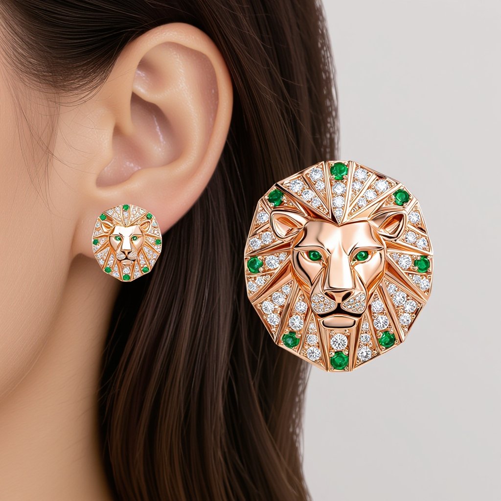 Earrings set of Lion king edges Geometric lion ring of rose gold and white goldGeomatricw lion of architecture shape and edge of diamonds and emerlad of rose gold 