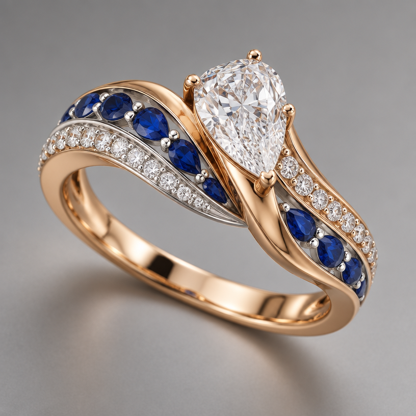 A modern women's ring made of mixed metal with diamond and sapphire stones. use the reference photo for gem size and shape only, but not as a design reference. create a ring with 33 of the smaller diamonds, 7 of the blue sapphires, and the one large diamond. do not cluster the gems.
using the attached image as a visual reference, create A modern women's ring made of mixed metal with diamond and sapphire stones. use the reference photo for gem size and shape only, but not as a design reference. create a ring with 33 of the smaller diamonds, 7 of the blue sapphires, and the one large diamond. do not cluster the gems.. photorealistic, just the design no text