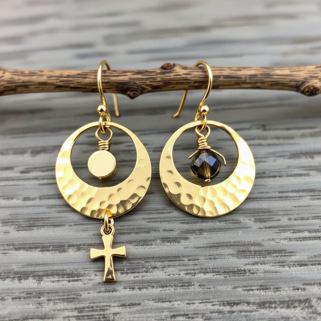 Золотые серьги словно мятое золото в форме узкого изящного полумесяца. Верхушка полумесяца крепится к застежке серьги. К нижней части полумесяца крепятся три подвески: миниатюрный золотой египетриский крест, очень маленький кристалл раухтопаза и маленький золотой кружочек с мятым эффектом плоский