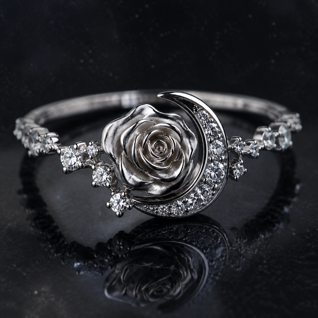 A modern women's ring made of silver with diamond stones. quero um anel que fale do amor entre as duas pessoas. quero um desenho de uma rosa mas como a Lua com varias predas ao redor do anel como as estrelas que brilham
photorealistic jewelry design, A modern women's ring made of silver with diamond stones. quero um anel que fale do amor entre as duas pessoas. quero um desenho de uma rosa mas como a Lua com varias predas ao redor do anel como as estrelas que brilham, modern style, just the design no text