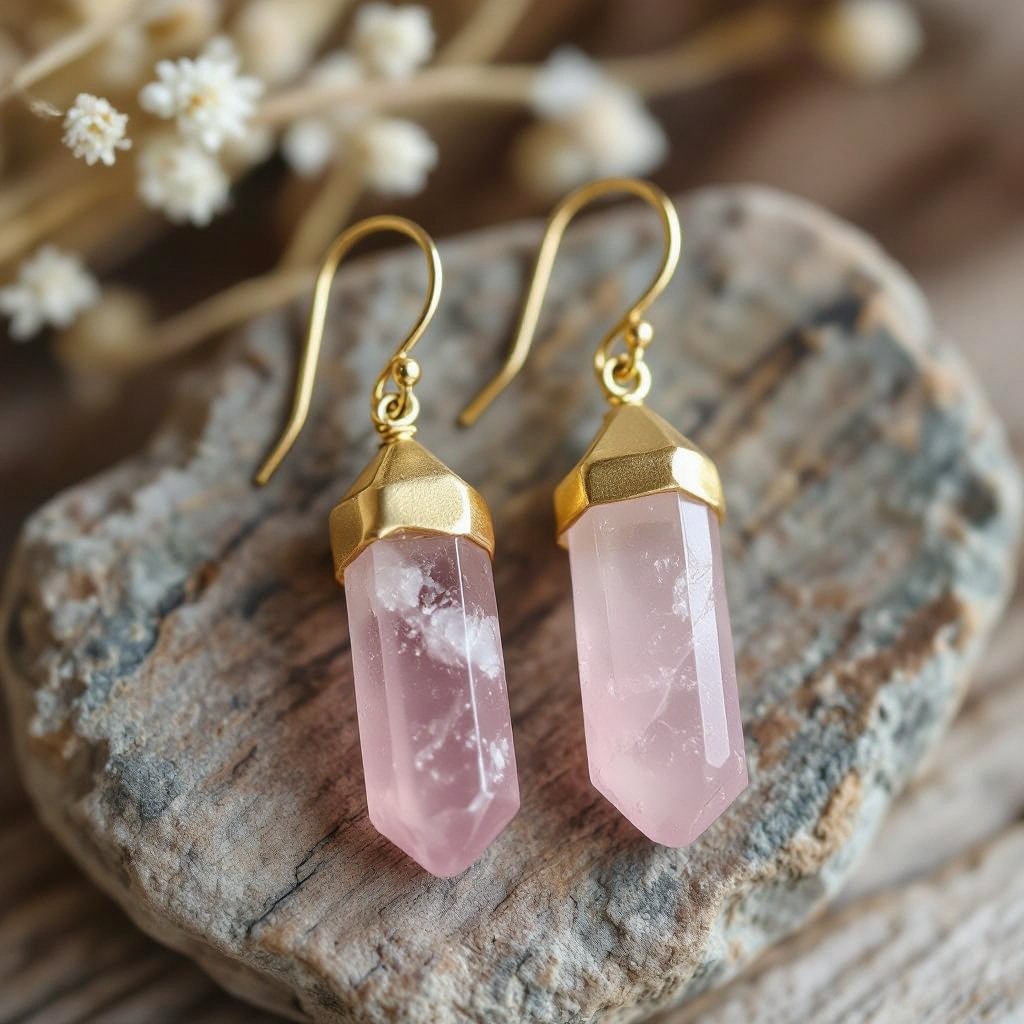 Серьги матовое золото с эффектом неровности Необработанный бледно розовый кварц в виде длинного кристалла