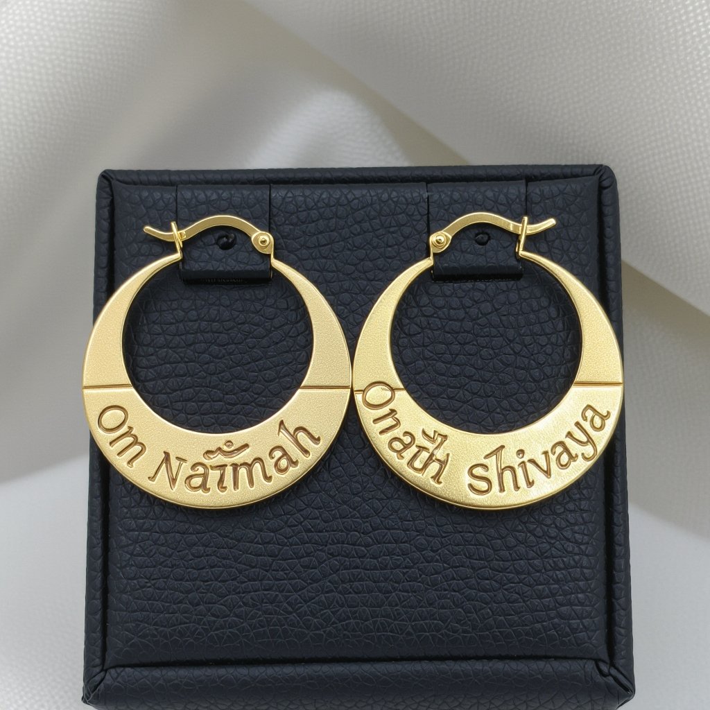 Золотые матовые серьги полукруг. На полукруге надпись изящным шрифтом om namah shivaya