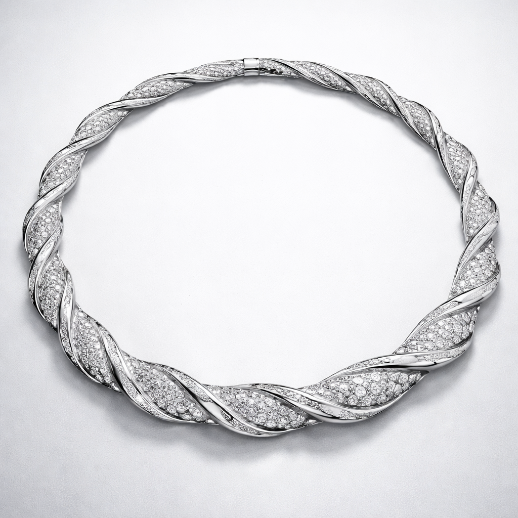 A necklace that is twisted and has diamonds and is made of separate pieces that links together