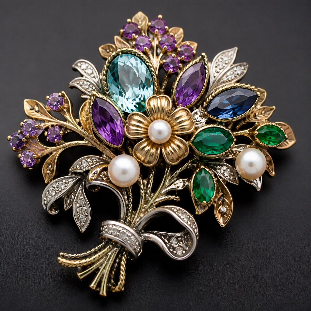 A estate women's brooch made of mixed metal with aquamarine and pearl and emerald and sapphire and amethyst stones suitable for gift, detailed and decorative, moderately ornate