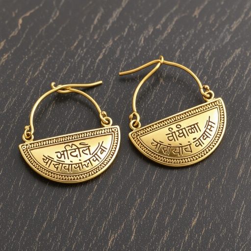 Серьги золотые в форме тонкого изящного полумесяца, полукруг как продолжение застежки, на полукруге надписи мантрами на санскрите
