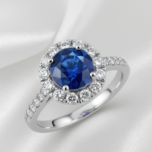 Make a white Gold ring with Round Shape  Royal Blue Sapphire with Small White Diamonds 