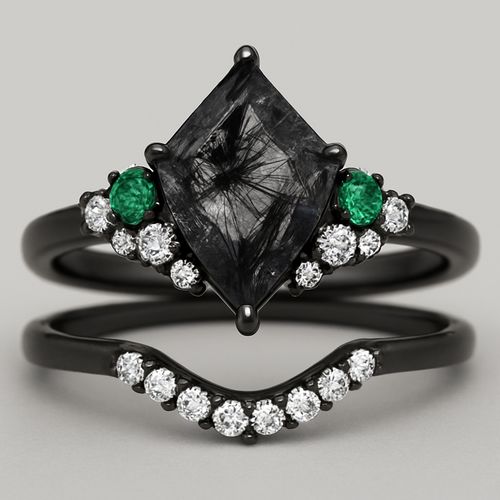 Kite cut Black rutilated quartz with 1 emerald on each side and 3 moissanite on each side accent stones in a cluster on a black band, separate wedding band black with moissanite stones that curves around the main stone 