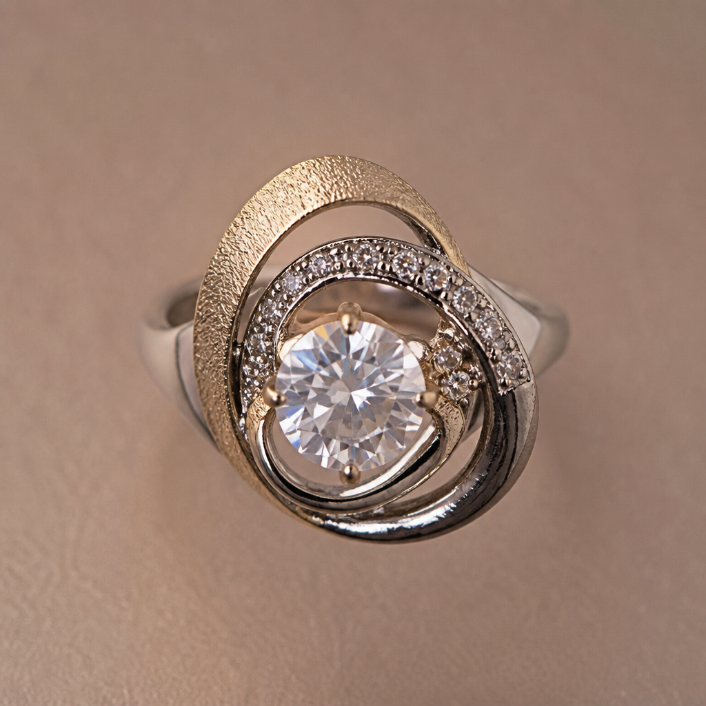 A avant-garde women's ring made of mixed metal with diamond stones suitable for festival. An extraordinary excellent beautiful delicate and elegant solitaire women ring. Face of the ring.
photorealistic jewelry design, A avant-garde women's ring made of mixed metal with diamond stones suitable for festival. An extraordinary excellent beautiful delicate and elegant solitaire women ring. Face of the ring., avant_garde style, just the design no text