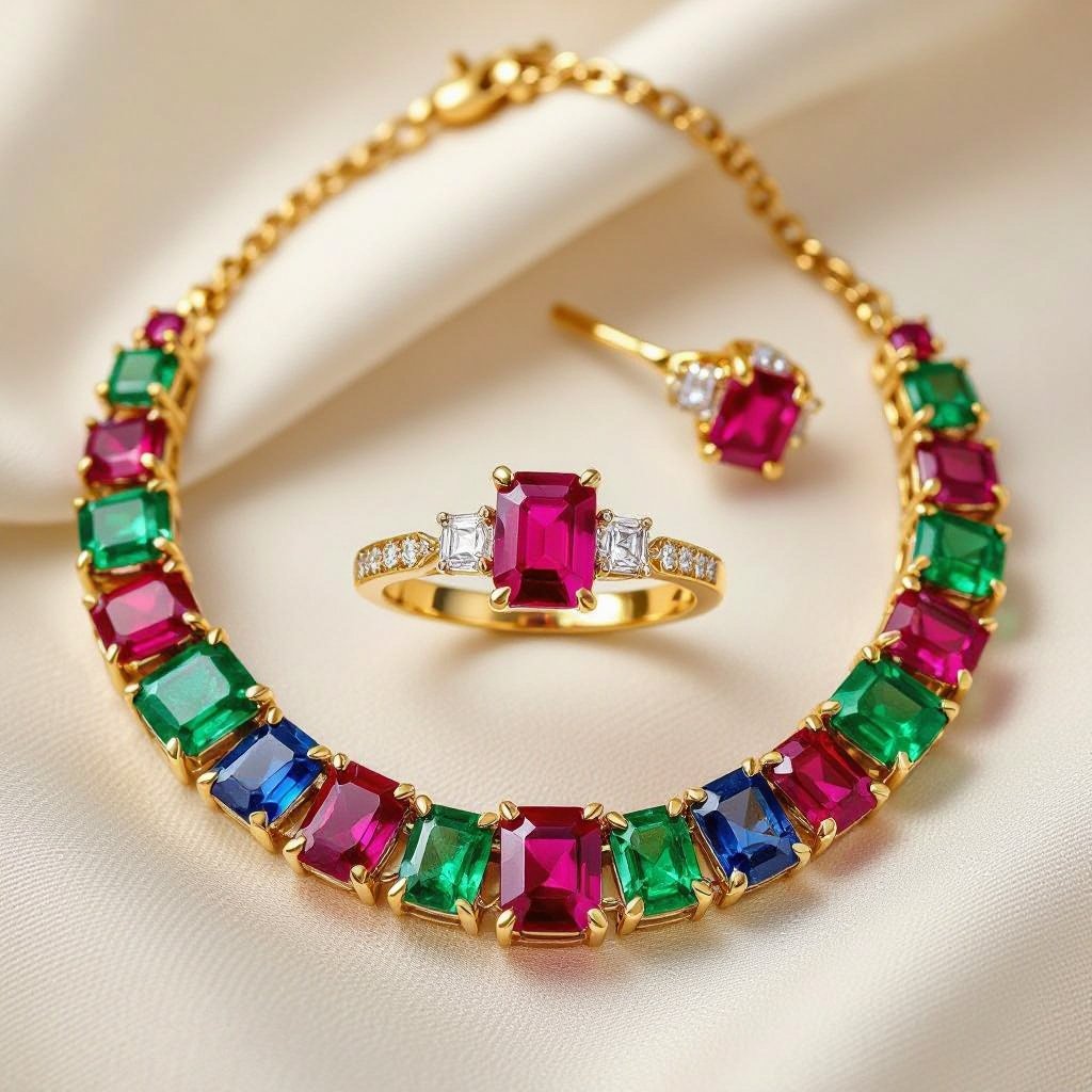 Necklace and ring and earring with luxury colorful jewel with gold