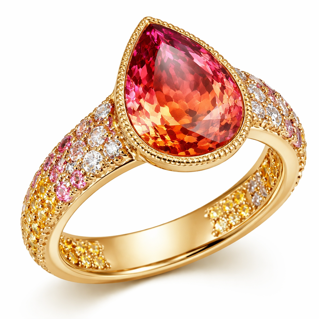 Create a Chevaliere ring size 54 top stone, at the color that is a pear shape sunset tourmaline. Around the top stone do not include diamonds. The diamonds you can scatter them on the ring band across the other stones. The band is yellow gold and the bottom of the band starts with yellow stones gradually