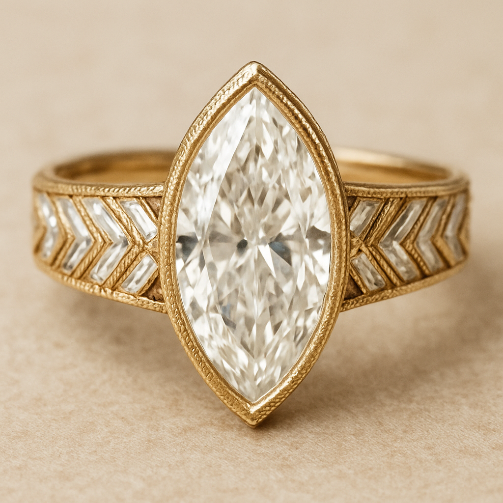 Bezel set 6 carat marquise diamond center stone with baguette diamonds in a herringbone pattern in the band