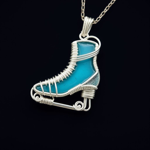Silver Pendant shape one ice skate with turquoise stripe inside the low thin part blade