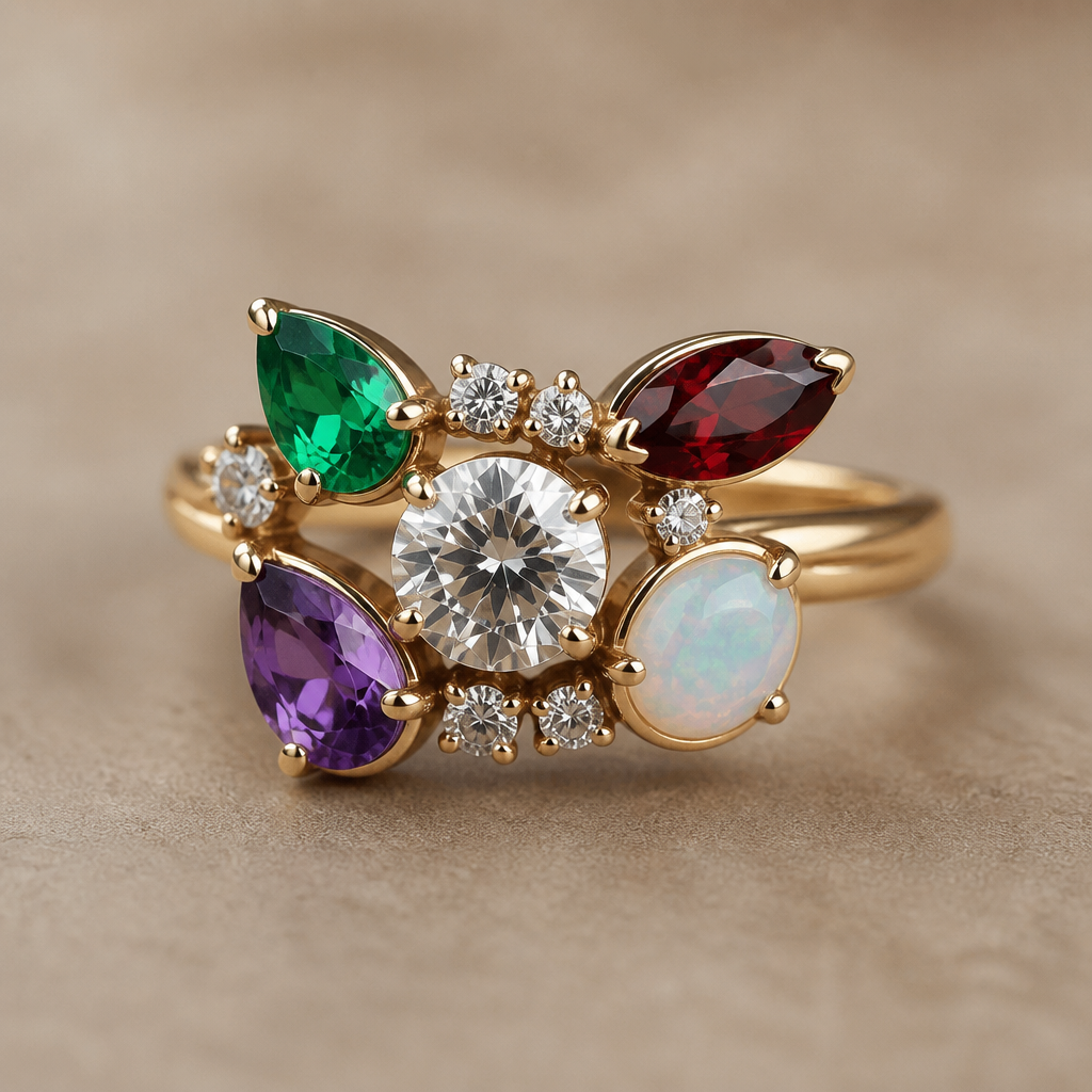 A women's ring made of gold with diamond and emerald and garnet and opal and amethyst stones suitable for anniversary
photorealistic jewelry design, A women's ring made of gold with diamond and emerald and garnet and opal and amethyst stones suitable for anniversary, modern style, just the design no text