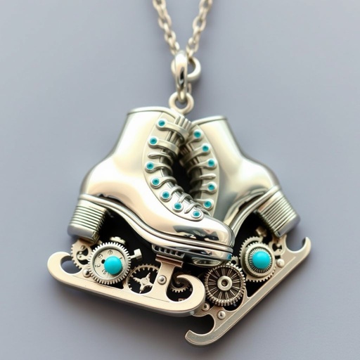 Pendant silver with stylized ice figure skating skates. Remove boots and leave only lowest part of skates. Add turquoise