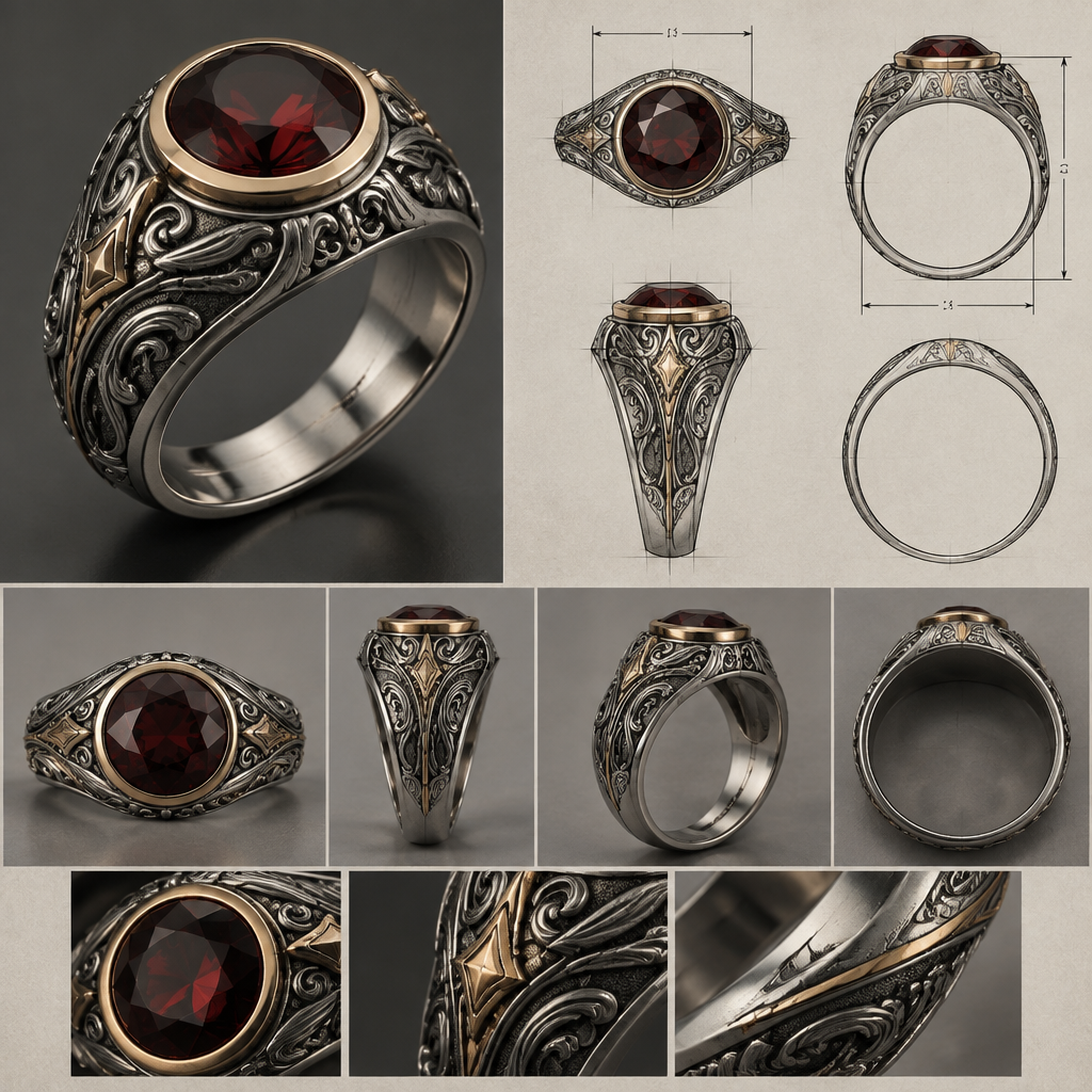 A modern men's ring made of silver with garnet stones suitable for daily wear, highly ornate, intricate and elaborate, richly detailed. a signet ring for the little finger with a beautiful 6mm round garnet in a bezel setting the ring can have a small splash or line of gold for contrast i would like a detailed sketch and design with measument
photorealistic jewelry design, A modern men's ring made of silver with garnet stones suitable for daily wear, highly ornate, intricate and elaborate, richly detailed. a signet ring for the little finger with a beautiful 6mm round garnet in a bezel setting the ring can have a small splash or line of gold for contrast i would like a detailed sketch and design with measument, modern style, just the design no text