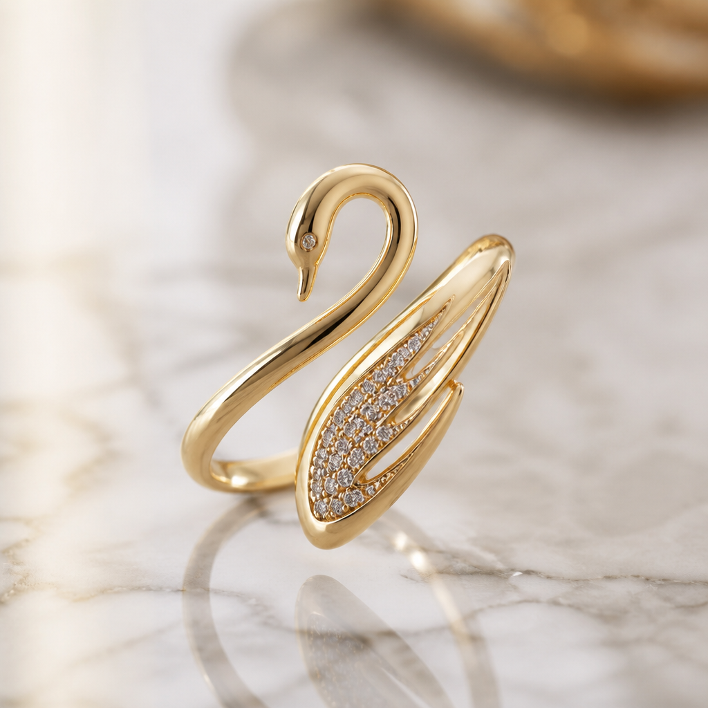 A modern women's ring made of gold. A ring with a swan bird design or
photorealistic jewelry design, A modern women's ring made of gold. A ring with a swan bird design or, modern style, just the design no text