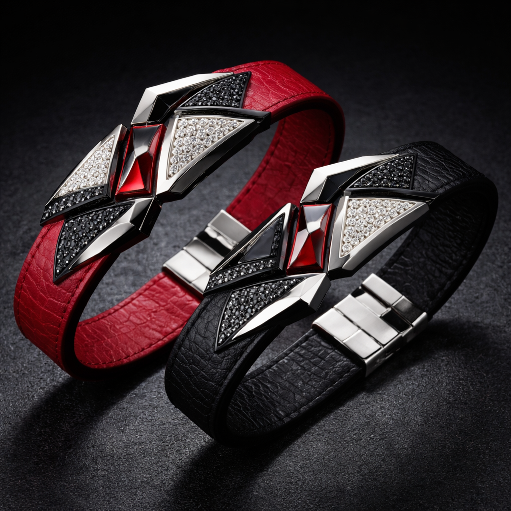 Geomatric abstract shape of bangle leather of matching for couple white and black diamonds of edgy style and red leather and black