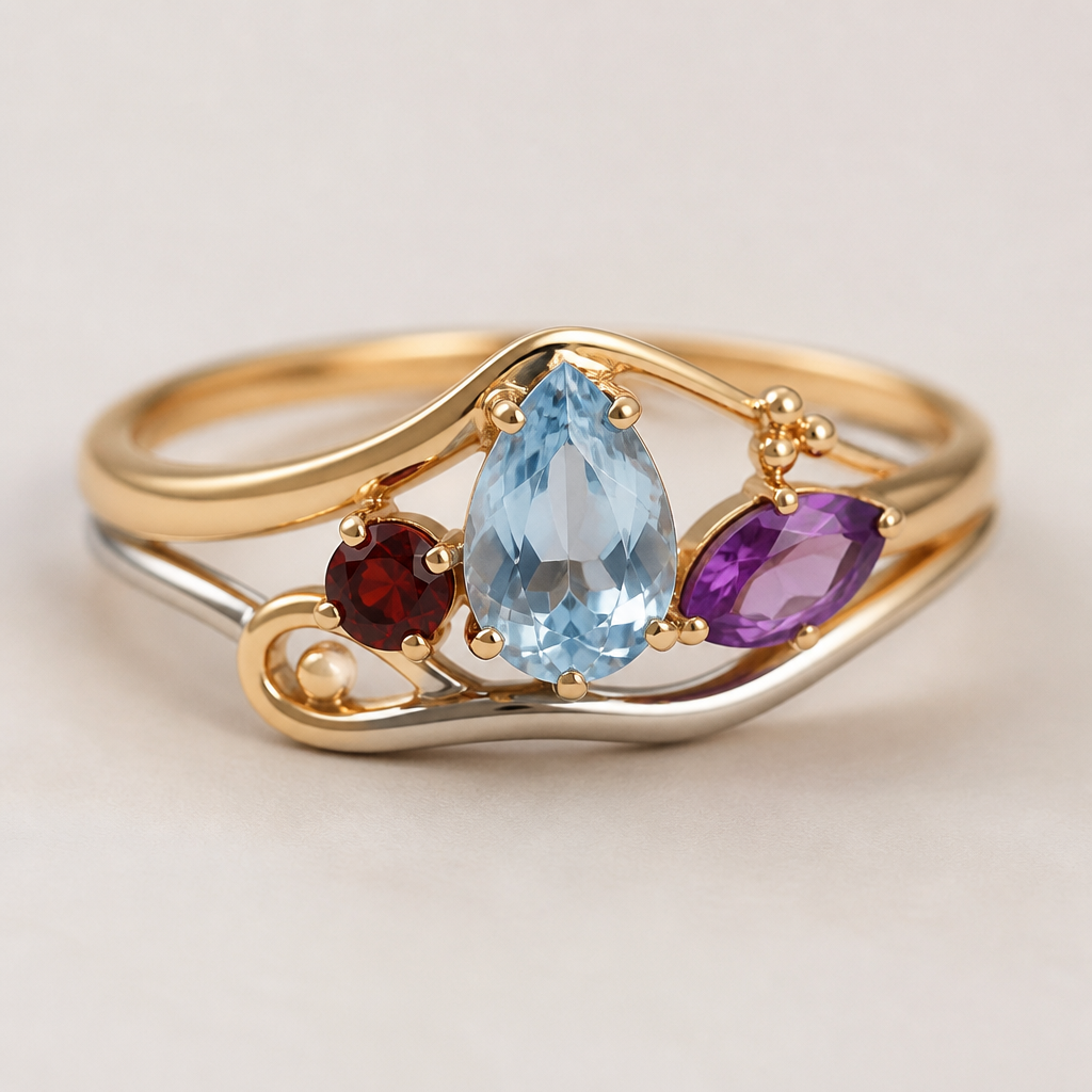 A minimalist women's ring made of mixed metal with topaz and garnet and amethyst stones suitable for festival. A modern women ring with little ornaments of modern motifs.
photorealistic jewelry design, A minimalist women's ring made of mixed metal with topaz and garnet and amethyst stones suitable for festival. A modern women ring with little ornaments of modern motifs., minimalist style, just the design no text