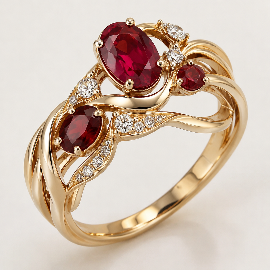 A modern women's ring made of gold with diamond and ruby and garnet stones
photorealistic jewelry design, A modern women's ring made of gold with diamond and ruby and garnet stones, modern style, just the design no text