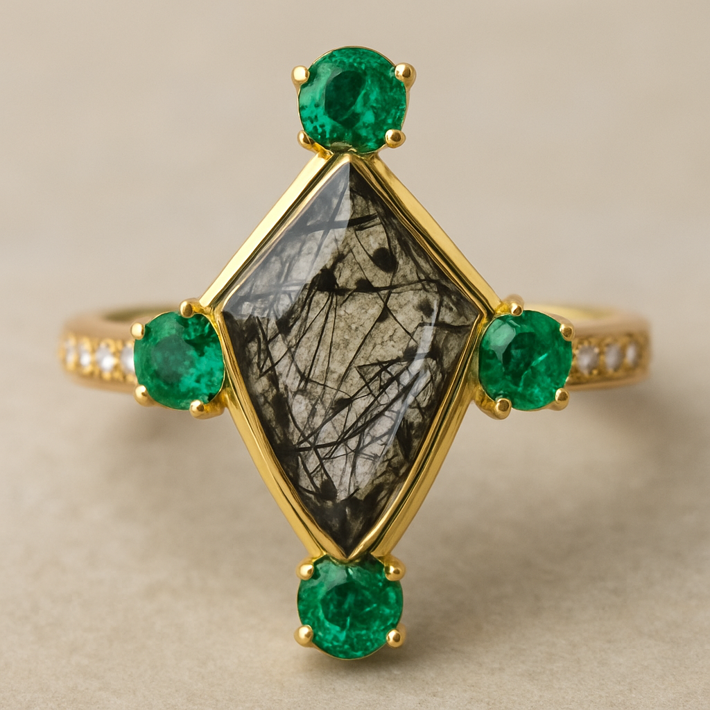 Kite cut tourmalated quartz, 4 emeralds top and bottom with another kite stone in the middle of emeralds, small stones on the sides 