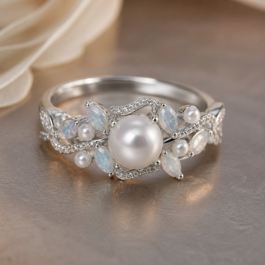 A pearl-adorned women's ring made of silver with opal stones suitable for wedding
photorealistic jewelry design, A pearl-adorned women's ring made of silver with opal stones suitable for wedding, pearl_adorned style, just the design no text