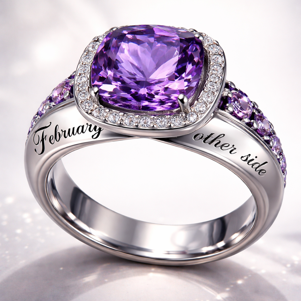 A luxury women's ring made of titanium with amethyst stones suitable for gift. Next to gemstone, on the ring, I want " Febuary" on it. And on the other side of the gemstone, on the ring, I would like " other side" on it. These are both texts that I would like engraved into the ring band.
A luxury women's ring made of titanium with amethyst stones suitable for gift. Next to gemstone, on the ring, I want " Febuary" on it. And on the other side of the gemstone, on the ring, I would like " other side" on it. These are both texts that I would like engraved into the ring band., luxury style