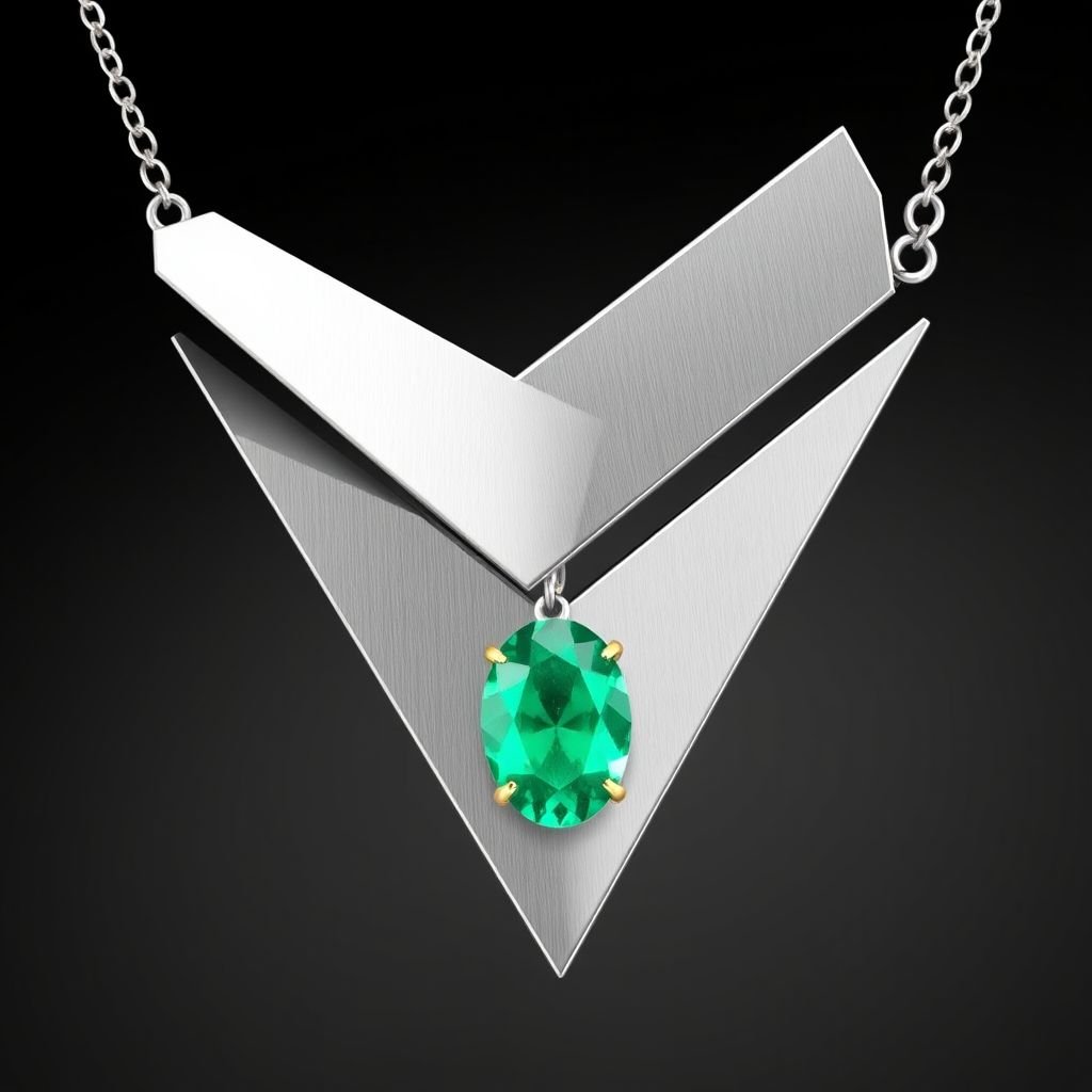 Geomatric necklace Modern Design a sleek, modern cuff bracelet featuring asymmetrical angles and a polished finish. Use a combination of brushed matte silver and high-shine gold accents for contrast. Incorporate a single, oval-cut gemstone-perhaps a striking emerald-set at an unconventional angle, creating a bold focal point that exudes contemporary elegance and sophistication.