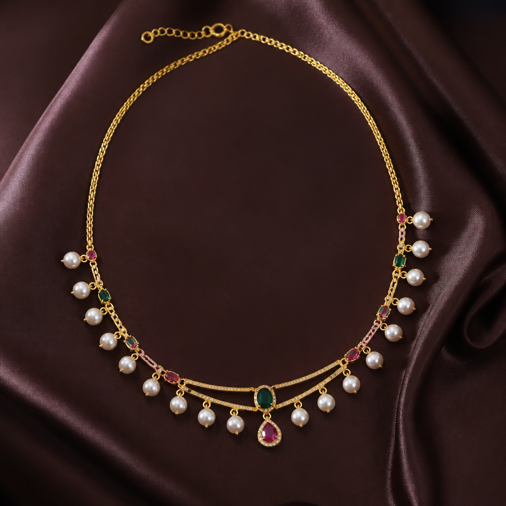 A pearl-adorned women's necklace made of gold with emerald and ruby stones suitable for wedding, ultra-minimalist, very simple and clean, understated, no embellishments. Very luxurious, luxurious, royal jewelry
photorealistic jewelry design, A pearl-adorned women's necklace made of gold with emerald and ruby stones suitable for wedding, ultra-minimalist, very simple and clean, understated, no embellishments. Very luxurious, luxurious, royal jewelry, pearl_adorned style, just the design no text