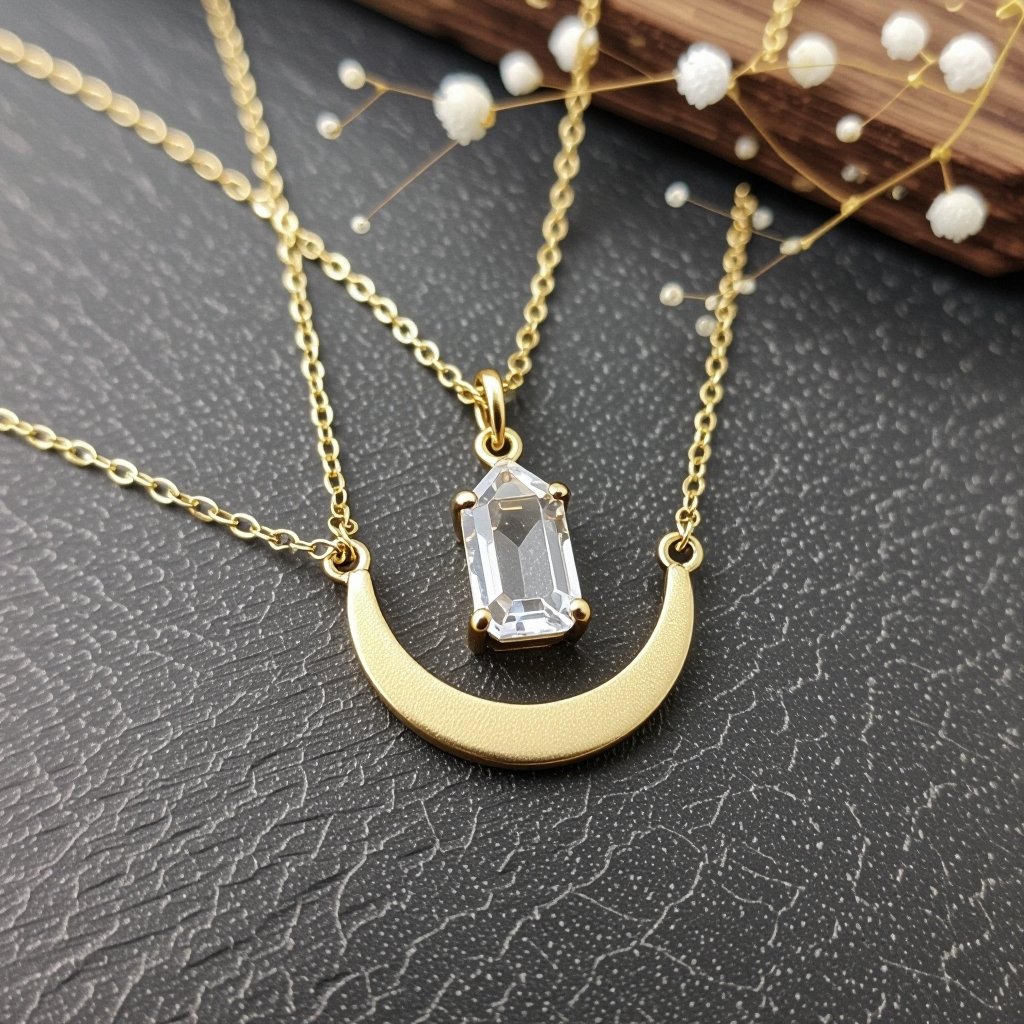 Прозрачный белый кристалл горного хрусталя шестигранный золотой матовый тонкий полумесяц подвеска рядом все на одной цепочке