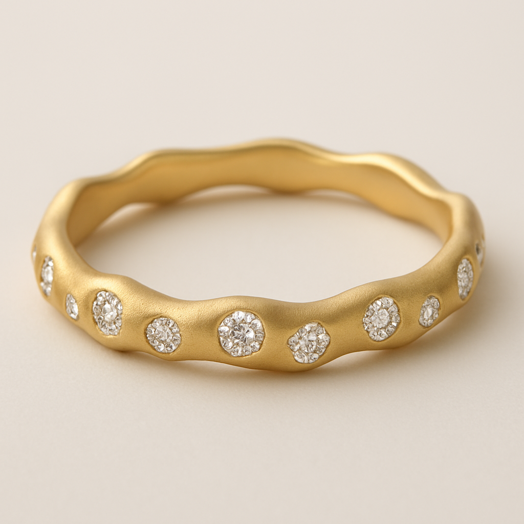 Organic shape simple gold band with diamonds cast throughout in place