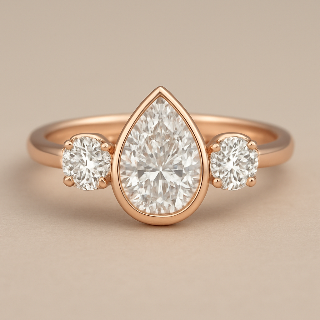 7 קראט יהלום טיפה באמצע ובצדדים קצת למעלה יותר יהלום אחד  בכל צד 2  קראט הכל מולחם בצבע רוז