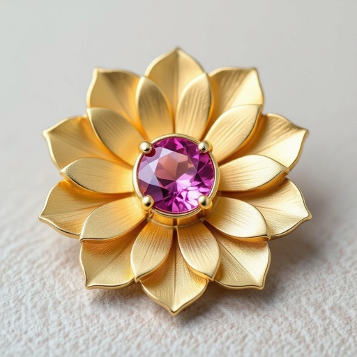Gold-colored matte ring earrings. Diameter 1 cm. A flat lotus pendant with 6 petals. Pink quartz in the center of the lotus