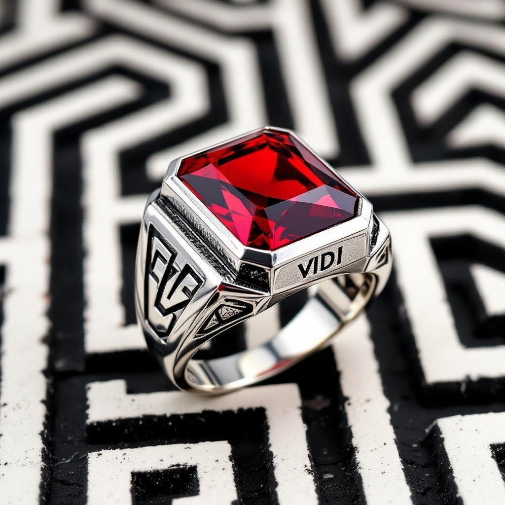 Red stone, silver, college class ring for women, VDI inscribed on the decor and under the stone