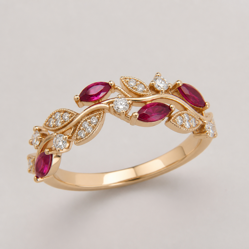 A women's ring with diamond and ruby stones, detailed and decorative, moderately ornate. please create a nature inspired anniversary ring
photorealistic jewelry design, A women's ring with diamond and ruby stones, detailed and decorative, moderately ornate. please create a nature inspired anniversary ring, modern style, just the design no text