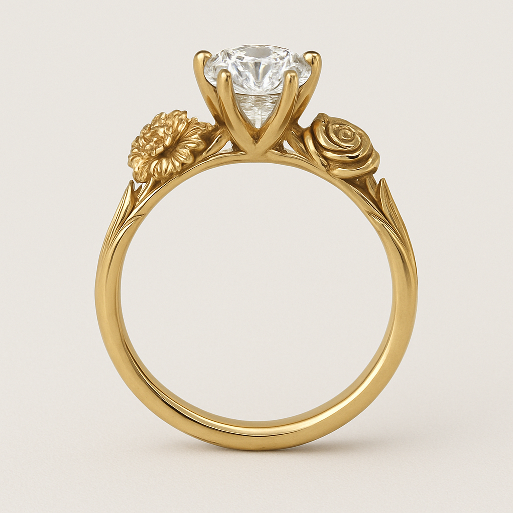 engagement ring with thin gold band that is even in width the entire way around. the ring has a cathedral setting. the band is a vintage style with one flower on each side extending the length of the ring by the stem. one flower is a carnation. the other flower is a rose. 