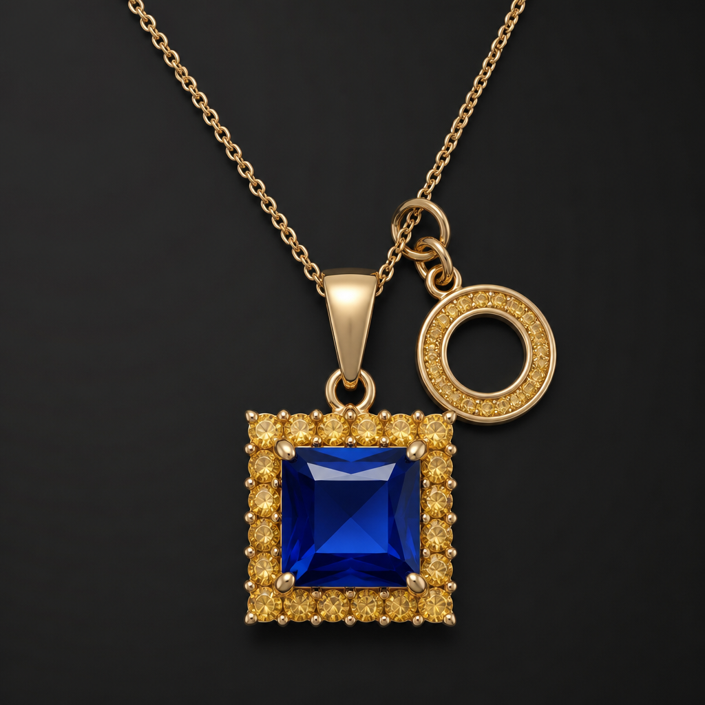 A women's ring. Красивая подвеска на цепочке с квадратным синем камнем, вокруг него золотистые камешки, возле застенки из золота приделано кольцо фортуны
photorealistic jewelry design, A women's ring. Красивая подвеска на цепочке с квадратным синем камнем, вокруг него золотистые камешки, возле застенки из золота приделано кольцо фортуны, modern style, just the design no text