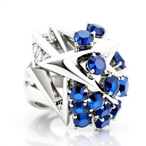 Geomatric architecture ring white gold of white diamonds and blue sapphire of edgey style and vibe