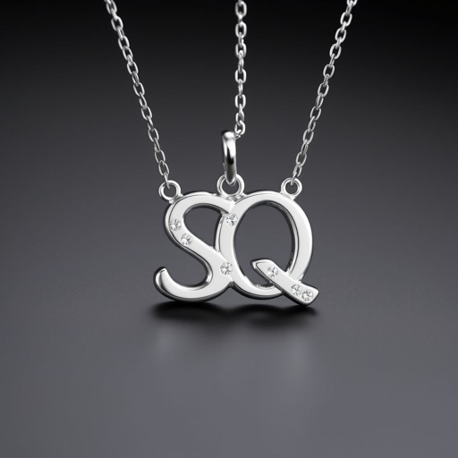 silver necklace with the pendant in letter letters SQ with white  stones. Make it cute and simple 