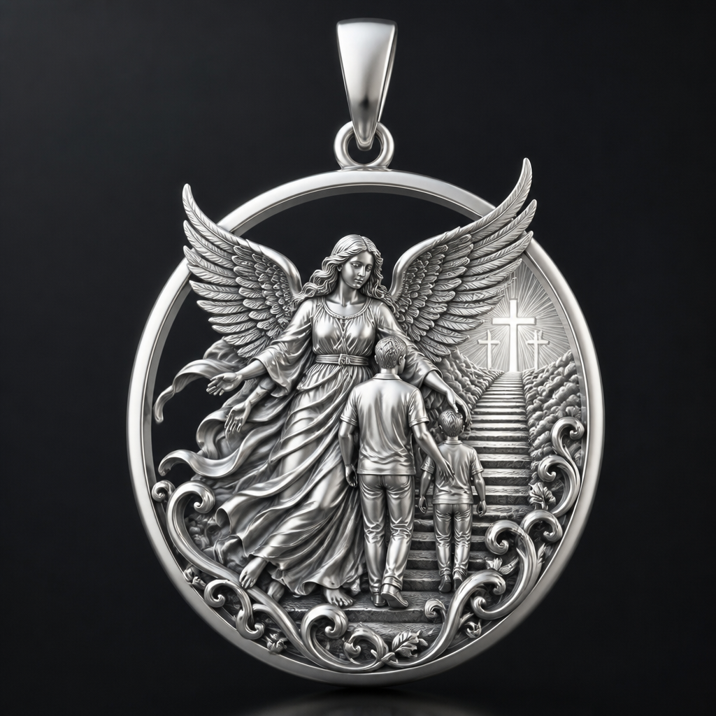 A modern women's pendant made of silver suitable for festival. An extraordinary excellent beautiful delicate and elegant pendant with the Guardian Angel with a beautiful delicate and elegant face, with long hair, with big wings flying, with a beautiful delicate elegant and with beautiful curves at her body, with a beautiful delicate and elegant tunic holding a child and an adult with its hands protecting them and guiding them on the way of the Holy Trinity. Sawing the way of the Holy Trinity in front of them.