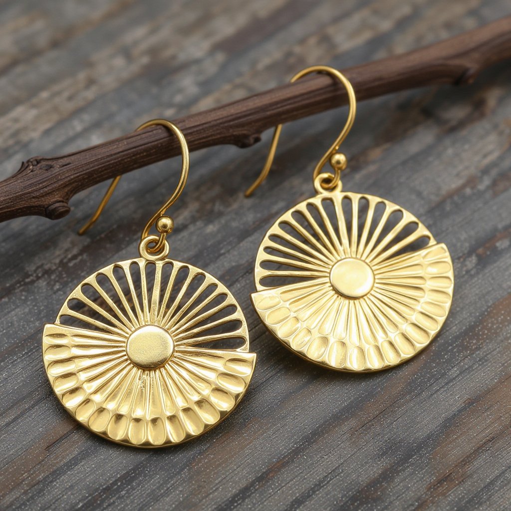 Золотые серьги полукруг половинка горящего солнца мятое неровное золото