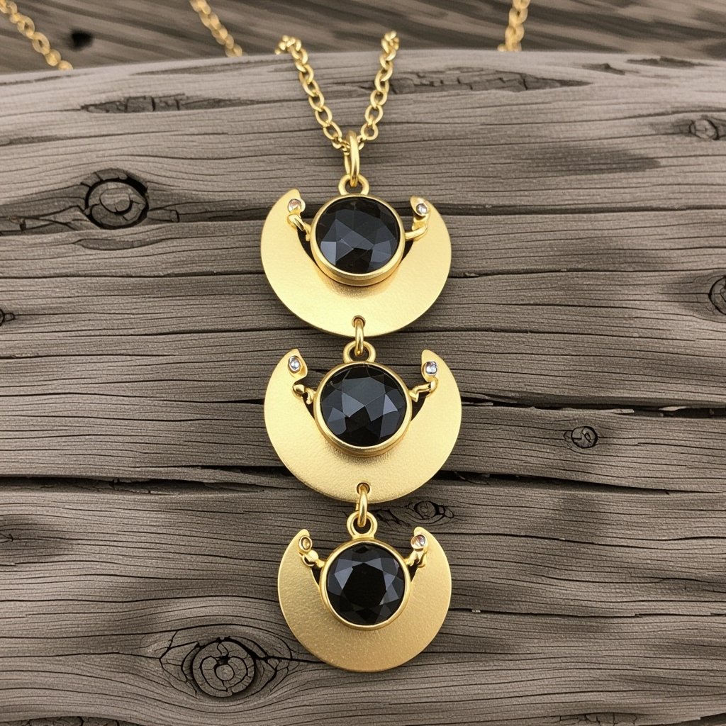 Подвеска из трех полумесяцев с узорами и камнями раухтопаза из матового неровного светлого золота с узорами соединенных цепочкой сверху самый широкий полукруг дальше средний и снизу самый маленький