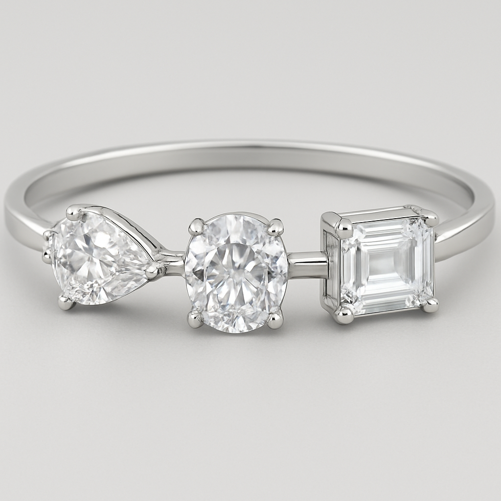 Diamonds in pear cut,  oval cut and emerald cut joined one after another as a bracelet in a silver setting