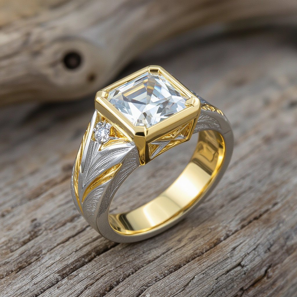  Finished at the atelier just this week, this ring inspired by the interlocking stonework of early Japanese castles, characterized by the use of carefully selected stones that mostly their natural form. My boulders are made of white gold, with the gaps filled with fine gold. The interior of the ring hoop is lined with polished yellow gold. Hand-carved in wax and cast in white gold using the lost wax technique, the ring retains its casting crust formed through a technically flawless casting process. In contrast with the distinctive weathered look of the white gold, the Renaissance-inspired table-cut diamond at the ring's center shows clear, minimalist architecture with strong mirror-like reflections.